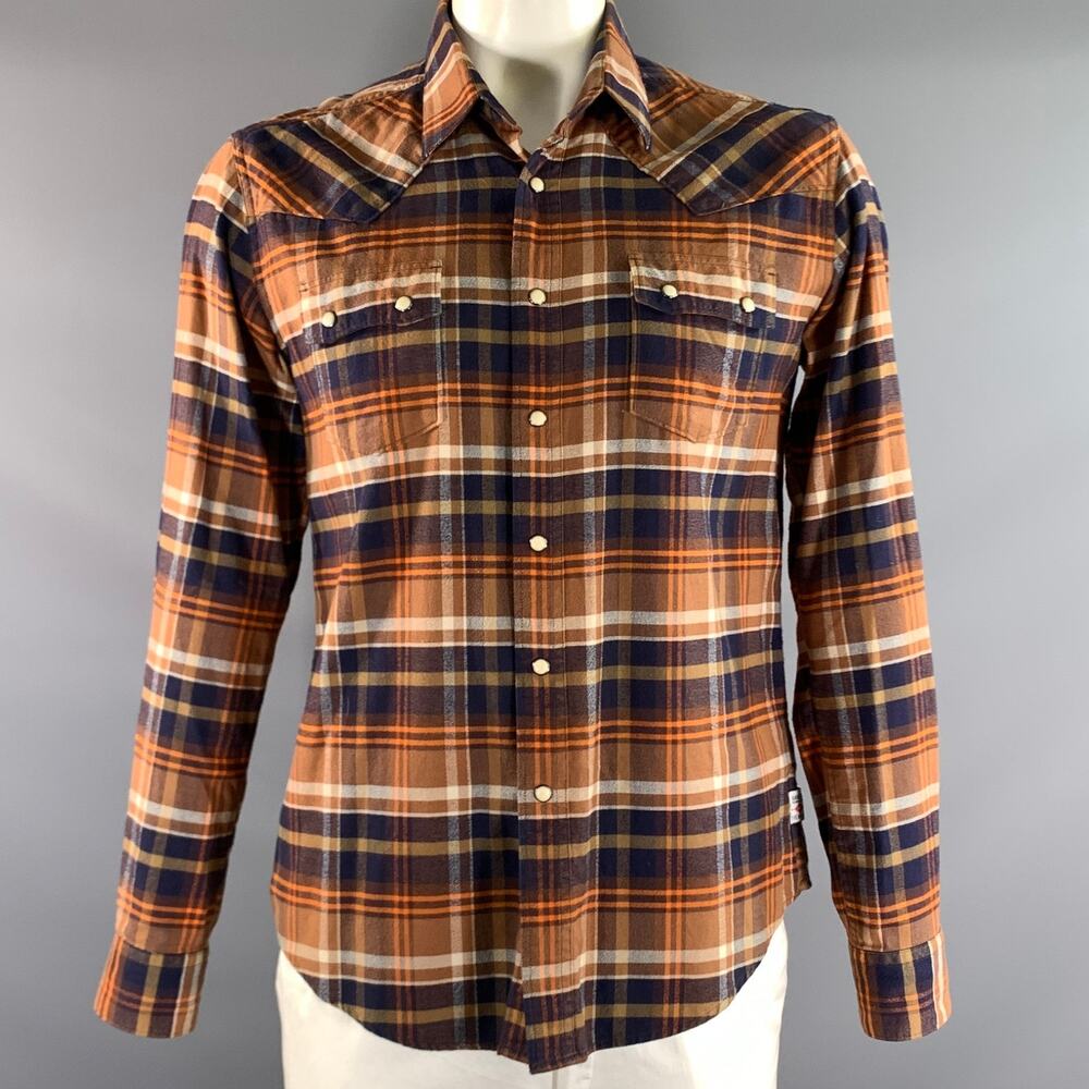 BARBOUR Size L Orange Navy Plaid Cotton Pointed Collar Long Sleeve Shirt